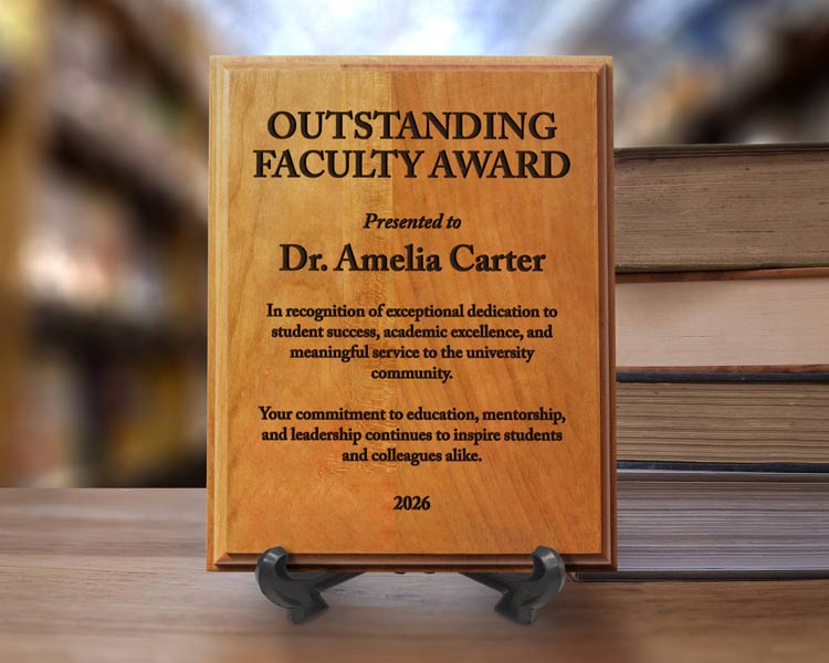 A solid cherry wood plaque on a small black easel, engraved with the text ‘OUTSTANDING FACULTY AWARD’ and presented to Dr. Amelia Carter, displayed on a wooden surface with a blurred bookshelf background.