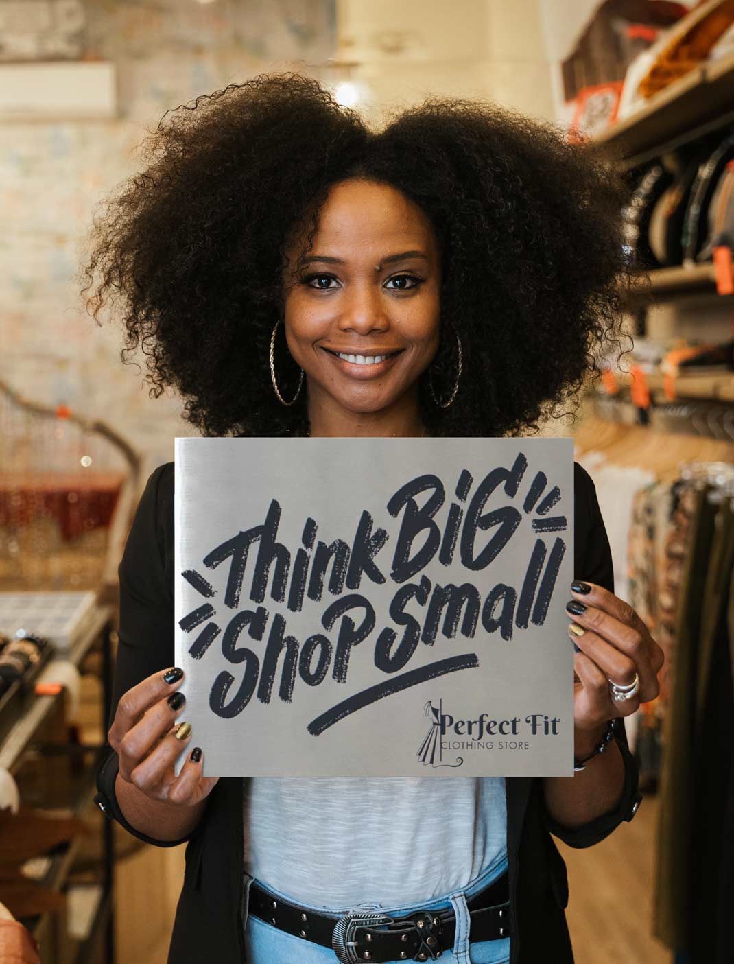 A woman holding a custom stainless steel sign with 'Think Big Shop Small' in a store setting