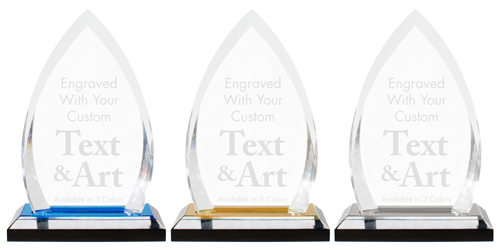 The 3 available colors of Custom Crest Acrylic Awards. You can choose from blue, gold, or silver awards engraved with your text and logo.
