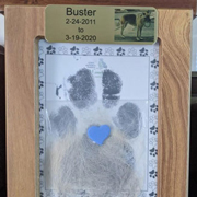 Order 648463 Review Image. Aluminum name tag featuring a memorial for a dog attached to a photo frame.