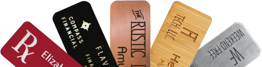A Variety of Custom Engraved Name Tags with Your Logo and Text from PlaqueMaker.com