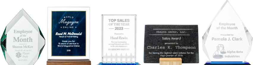 A Variety of Custom Engraved Awards with your Text and Logo from PlaqueMaker.com