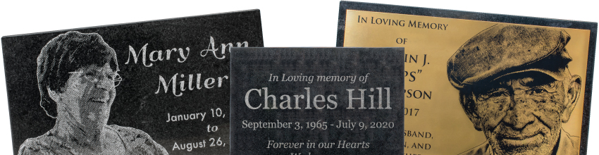 A Selection of Custom Engraved Granite Headstones with your loved one's picture and details from PlaqueMaker.com