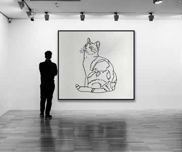 A man in an art gallery looking at large picture of cat clipart.