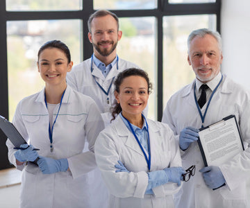 Group Of Four Doctors In Medical Attire Holding Clipboards And Standing In A Brightly Lit Office Near Tall Windows