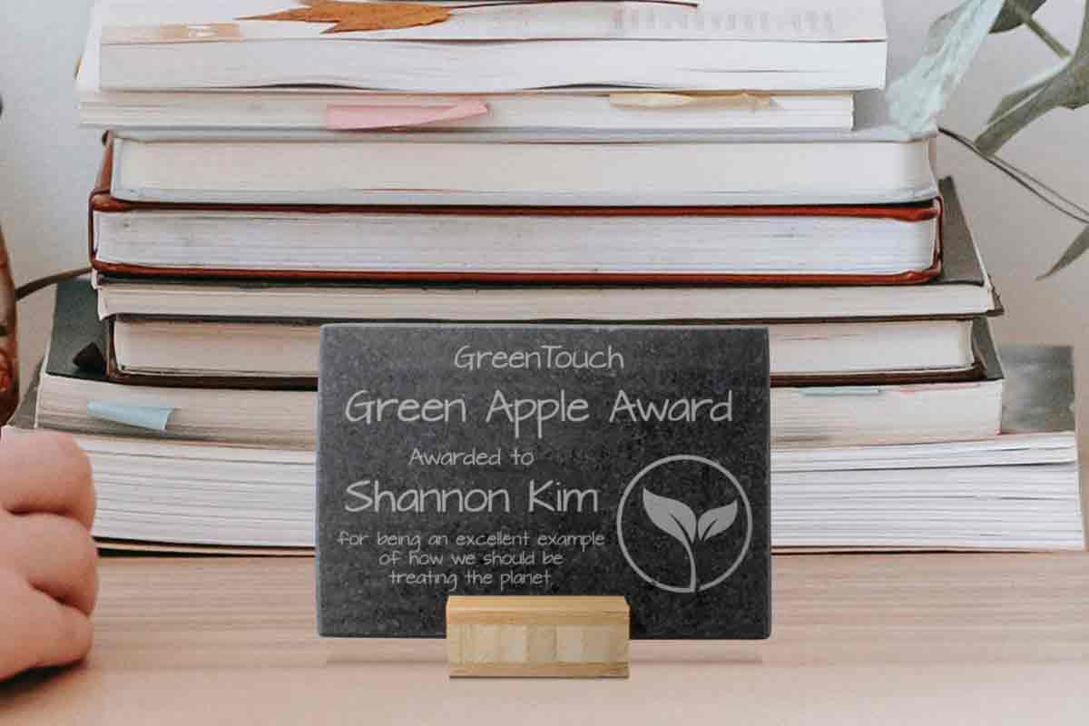A granite award sitting of a desk next to a person using a computer mouse.