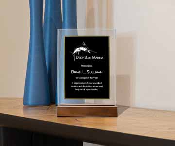 Custom black acrylic award on wooden desk with blue curtain backdrop.