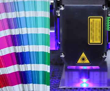 An image of a laser engraving into a material next to an image of color swatches.