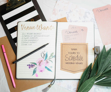 Open Notebook With Wedding Plan Notes And Flower Art On A White Desk With Pen And Plant And Clipboard