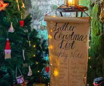 Father’s Naughty or Nice list rests beside the glowing Christmas tree.