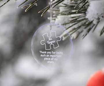 Snow-covered crystal ornament on the Christmas tree.