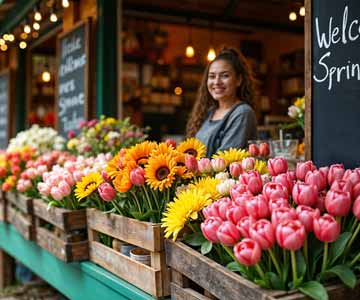 Happy Woman At Small Business Entrance With Tables Of Flowers And Chalkboards With Spring Season Messages