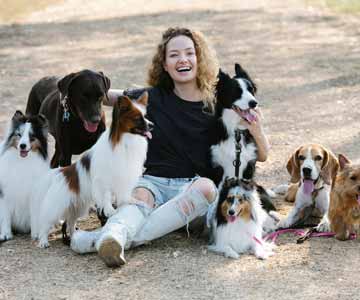 Woman Sitting On Ground With Group Of Different Dogs And Petting Them