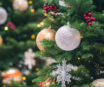 Christmas tree ornaments hanging beautifully.