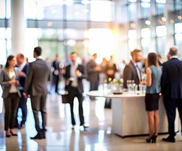 Group of smartly dressed people talking around drinks.
