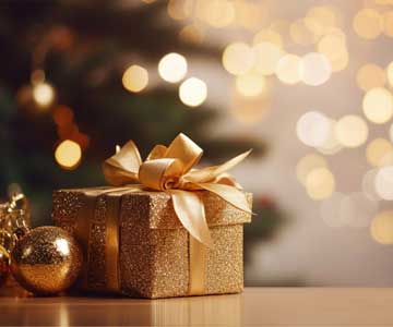 Christmas Gift With Bow And Ornament Near Christmas Tree.