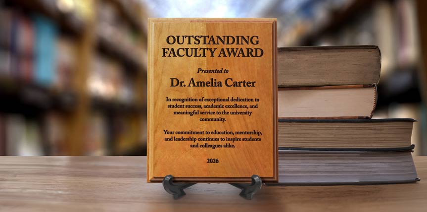 Custom Solid Cherry Board For Dr. Amelia Carter For Outstanding Faculty Award On Desk In Library.