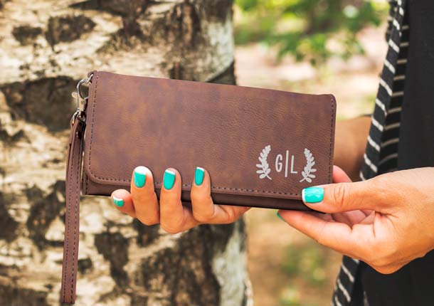 Birthday Gifts Featuring Custom Engraved Faux Leather Clutch Wallet