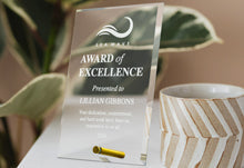 Custom Economy Glass Award Engraved With Your Text On Desk Near Cup