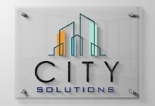 Full Color Printed Glass Sign With Logo Held On Wall By Silver Standoffs.