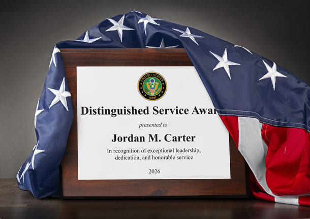 Custom Aluminum Plaque For Distinguished Service Award given to Jordan M. Carter with US Army Seal draped in American Flag. 