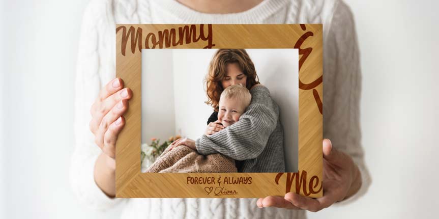 Engraved Custom Wood Picture Frame Held By Woman.