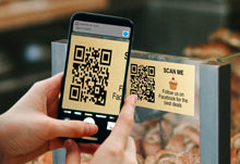 Custom Gold Aluminum QR Code Tag On Bakery Glass.