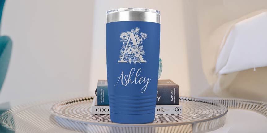 Custom Engraved Royal Blue 20 Oz Coffee Tumbler On Glass Side Table
