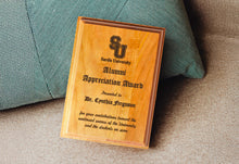 Custom Engraved Solid Cherry Plaque For Alumni Appreciation Award On Pillow.