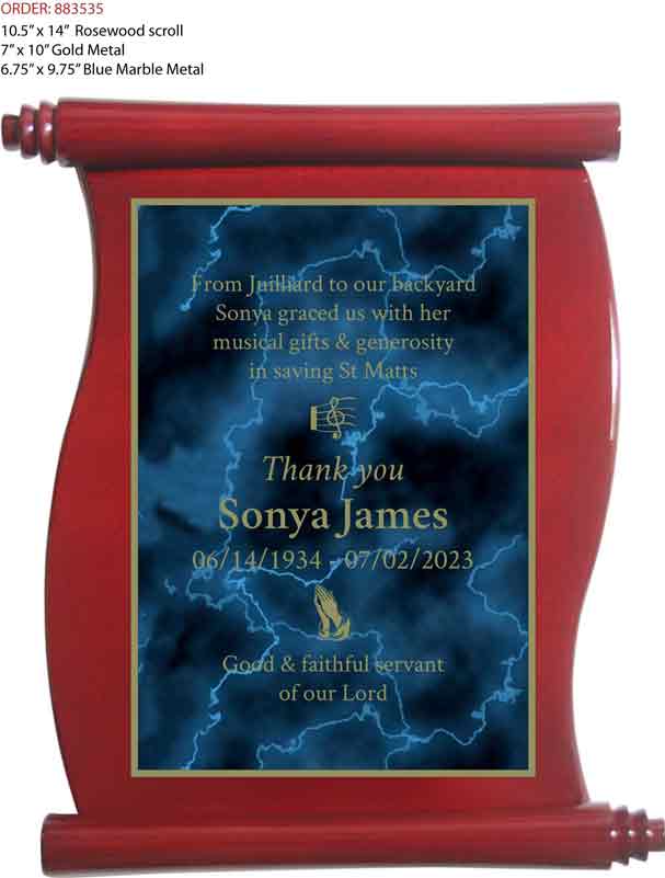 Customer Image Review for Laser Engraved Metal on Rosewood Scroll Plaque