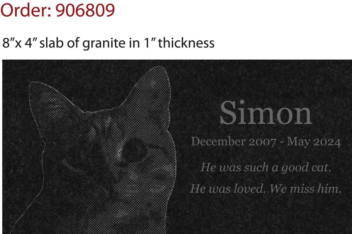 Customer Image Review for 8” x 4” Granite Cat Headstone