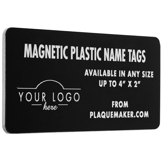 Plastic Black Magnetic Name Badge With White Engravings Of Product Description And Showing Customization Options And Areas