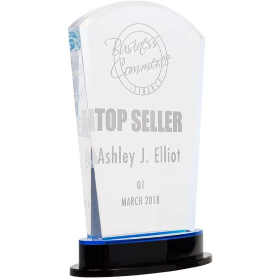 Custom Acrylic Award For Top Seller With Arch Shape And Company Logo And Name And Date On Blue Mirror Base