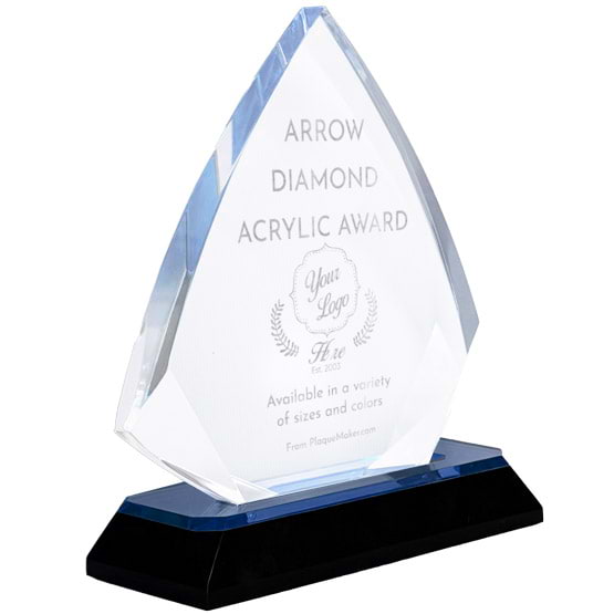 Arrow Diamond Shaped Acrylic Award With Blue Mirror Base And Engraved To Show Customizable Options And Areas