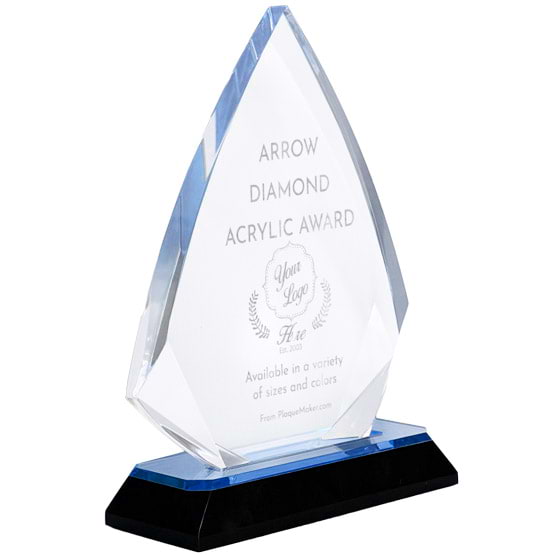 Arrow Diamond Shaped Acrylic Award With Blue Mirror Base And Engraved To Show Customizable Options And Areas