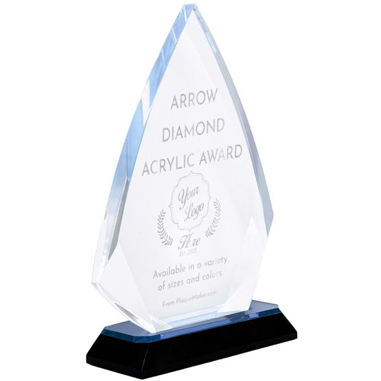 Arrow Diamond Shaped Acrylic Award With Blue Mirror Base And Engraved To Show Customizable Options And Areas