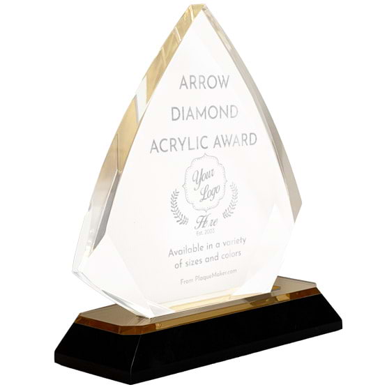 Arrow Diamond Shaped Acrylic Award With Gold Mirror Base And Engraved To Show Customizable Options And Areas