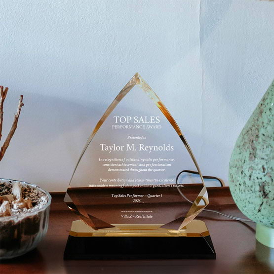 Arrow Diamond Acrylic Award With Gold Mirror Base And Engraved With Top Sales Message On Shelf With Plant And Lamp