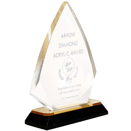 Arrow Diamond Shaped Acrylic Award With Gold Mirror Base And Engraved To Show Customizable Options And Areas