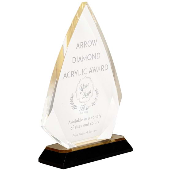 Arrow Diamond Shaped Acrylic Award With Gold Mirror Base And Engraved To Show Customizable Options And Areas