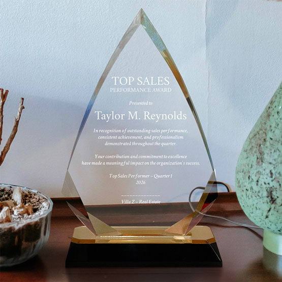 Arrow Diamond Acrylic Award With Gold Mirror Base And Engraved With Top Sales Message On Shelf With Plant And Lamp