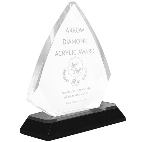 Arrow Diamond Shaped Acrylic Award With Silver Mirror Base And Engraved To Show Customizable Options And Areas