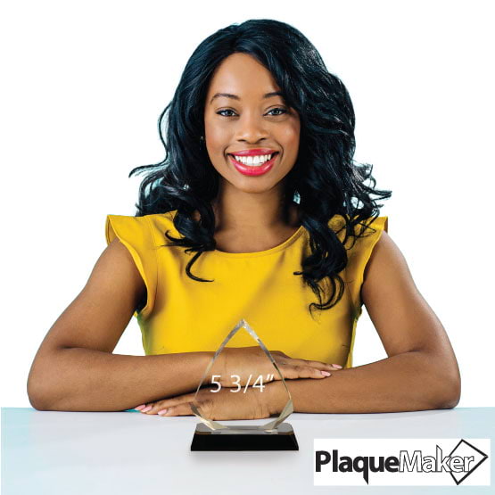 Size Guide With Happy Woman Sitting Behind Five And Three Quarter Inch Arrow Diamond Acrylic Award With Silver Mirror Base