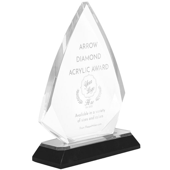 Arrow Diamond Shaped Acrylic Award With Silver Mirror Base And Engraved To Show Customizable Options And Areas