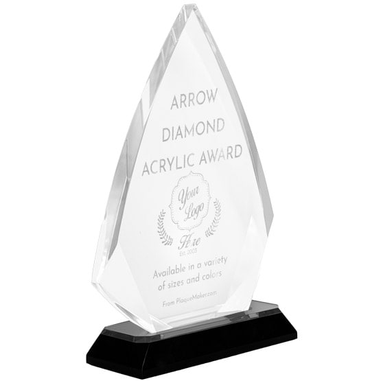 Arrow Diamond Shaped Acrylic Award With Silver Mirror Base And Engraved To Show Customizable Options And Areas