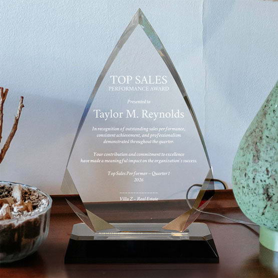 Arrow Diamond Acrylic Award With Silver Mirror Base And Engraved With Top Sales Message On Shelf With Plant And Lamp