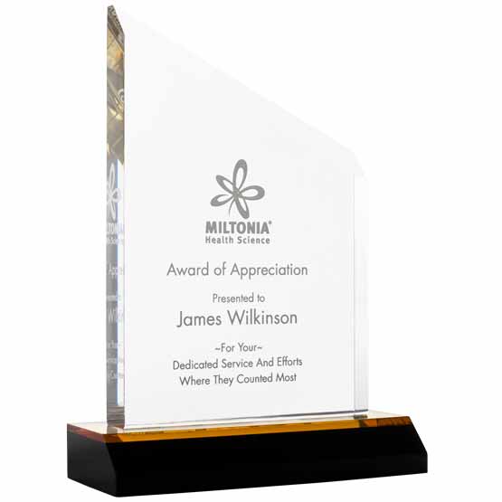 Custom Acrylic Beveled Peak Award Of Appreciation With Company Logo And Name And Message On Gold Mirror Base
