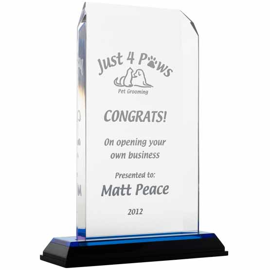 Custom Acrylic Award With Clipped Corners And Pet Grooming Logo And Name And Congratulations Message On Blue Mirror Base
