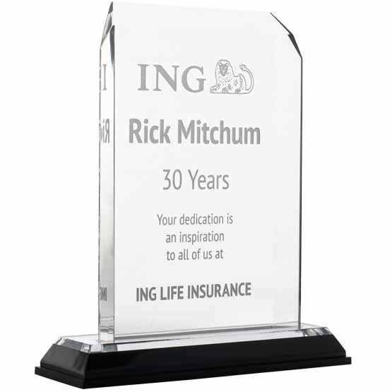 Custom Acrylic Award For Years Of Service With Clipped Corners And Logo And Message And Employee Name On Silver Mirror Base