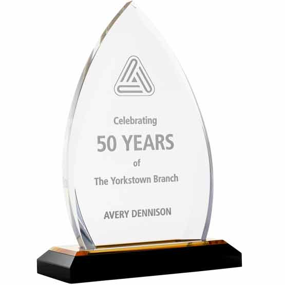 Custom Oval Crest Acrylic Award For Fifty Years Of Service With Logo And Name On A Gold Mirror Base